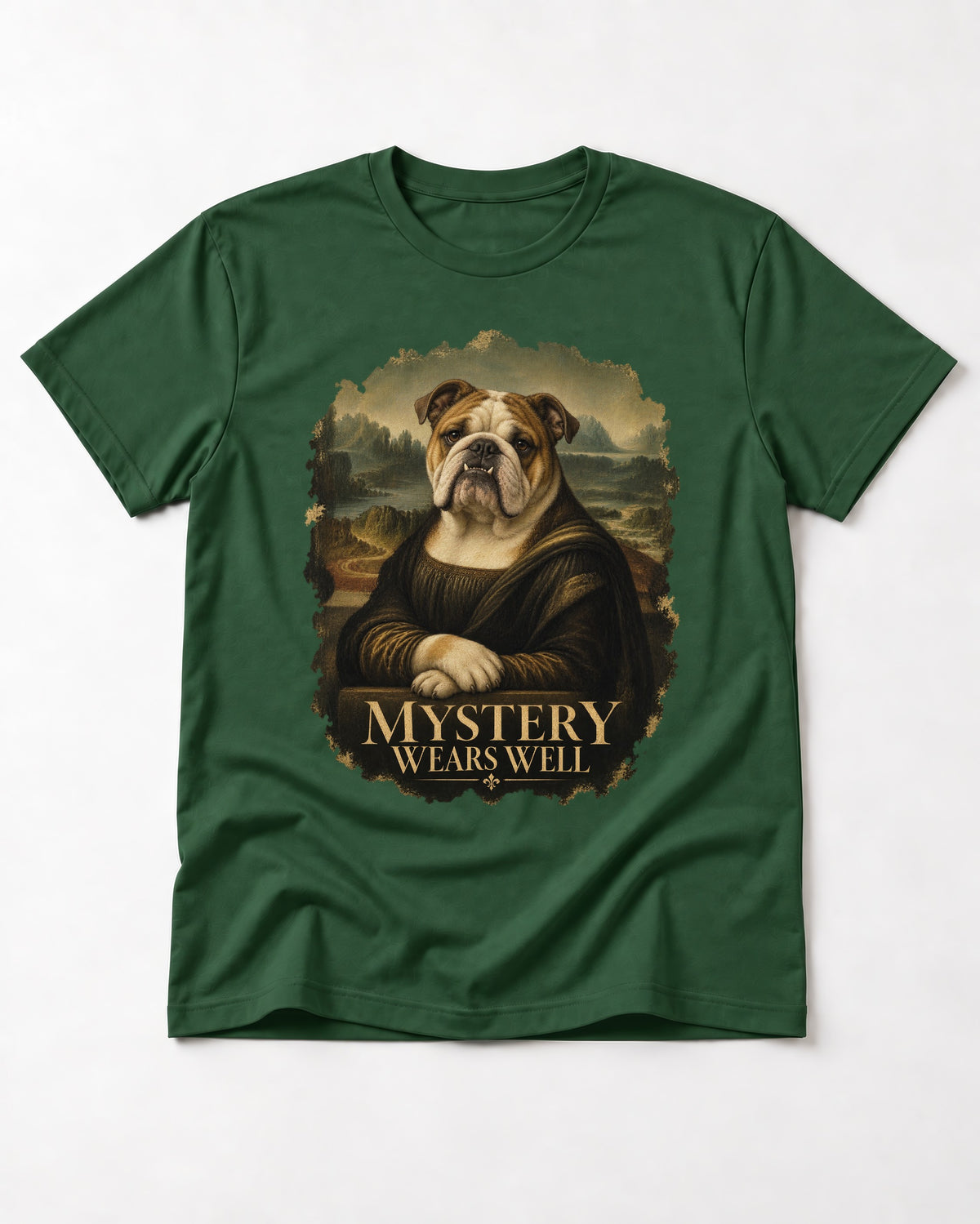English Bulldog Mystery Wears Well Mona Lisa Portrait T-Shirt in Forest Green, flat lay product photo