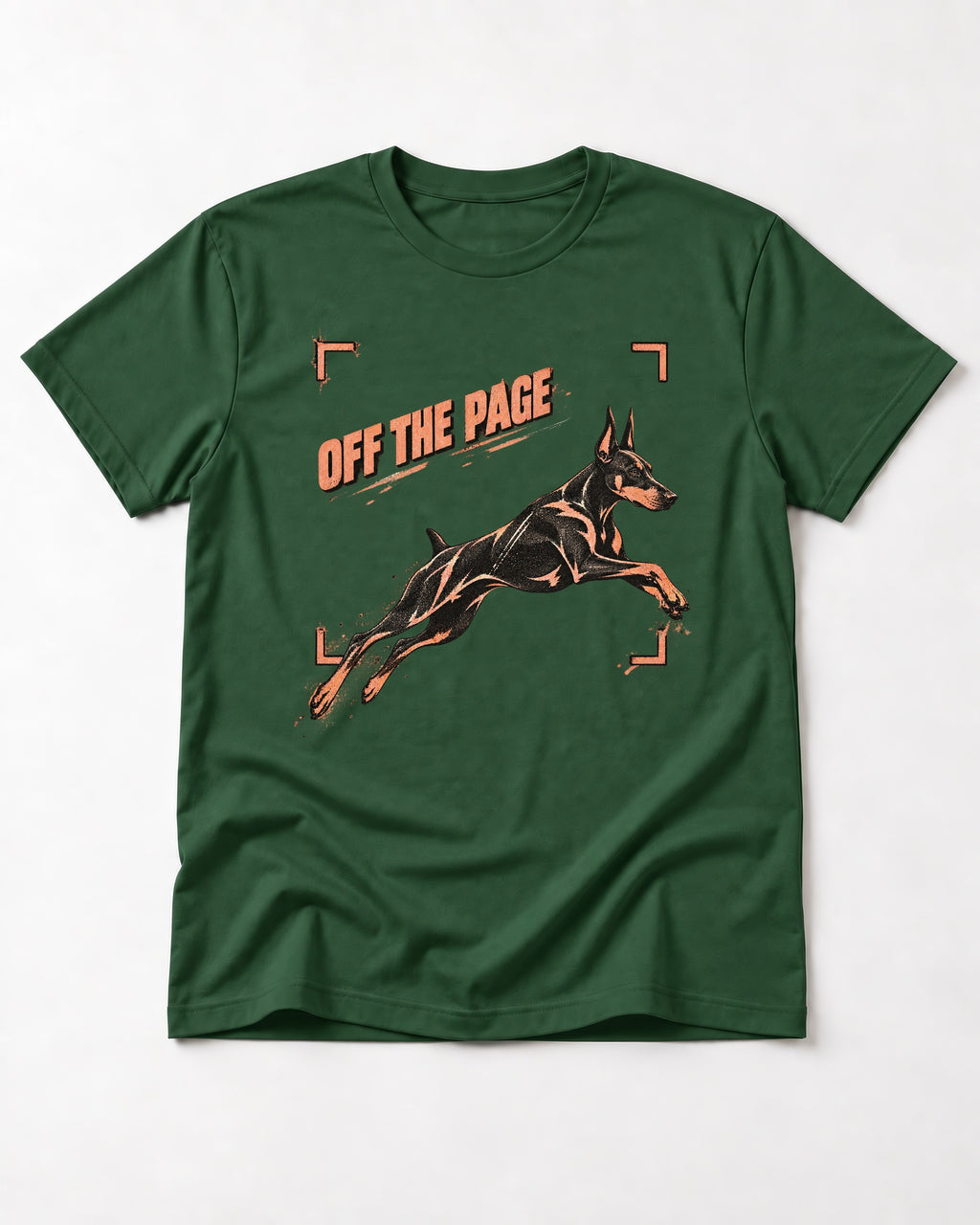 Doberman Off the Page Focus Frame Graphic T-Shirt in Forest Green, flat lay product photo