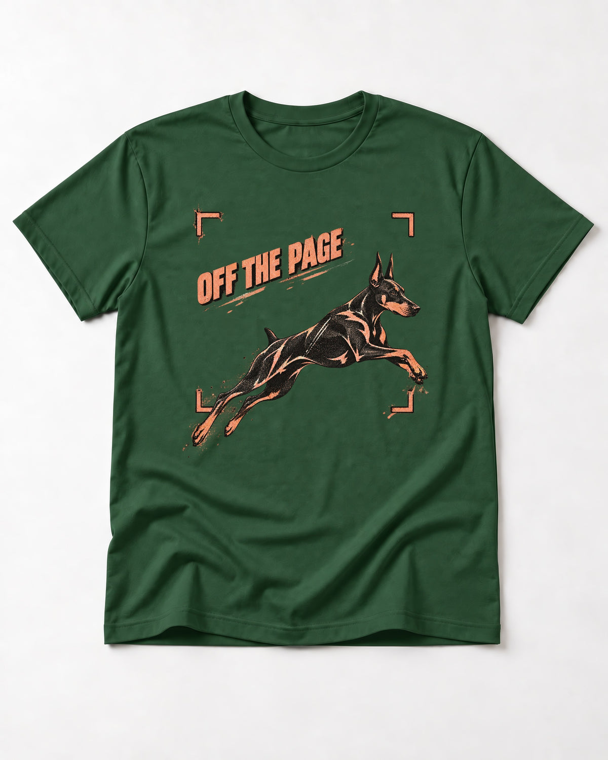 Doberman Off the Page Focus Frame Graphic T-Shirt in Forest Green, flat lay product photo