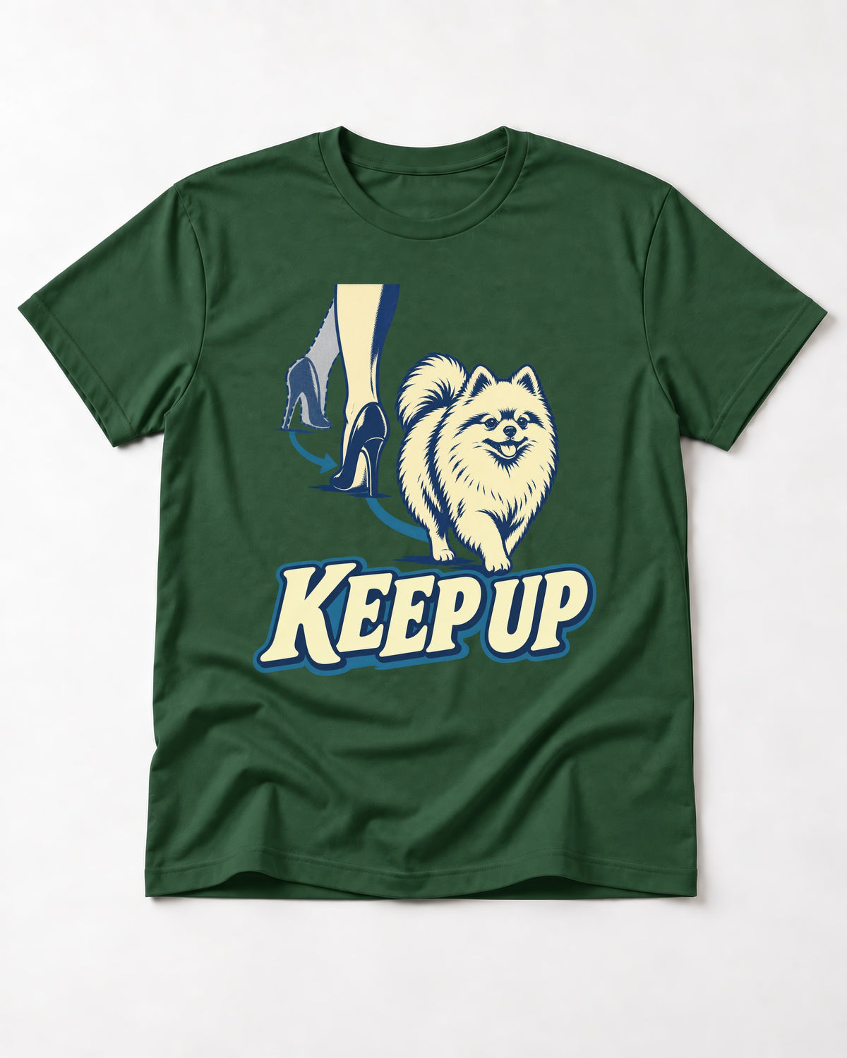 Pomeranian Keep Up High Heel Chase Graphic T-Shirt in Forest Green, flat lay product photo