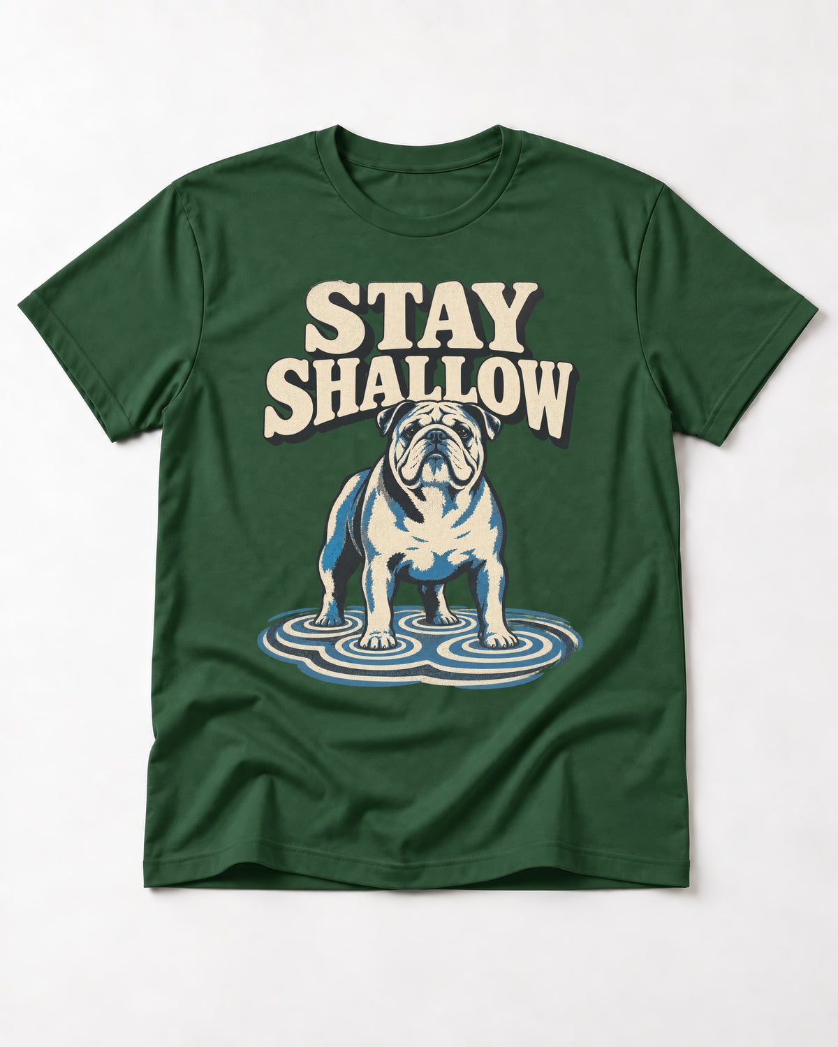 English Bulldog Stay Shallow Ripple Graphic T-Shirt in Forest Green, flat lay product photo