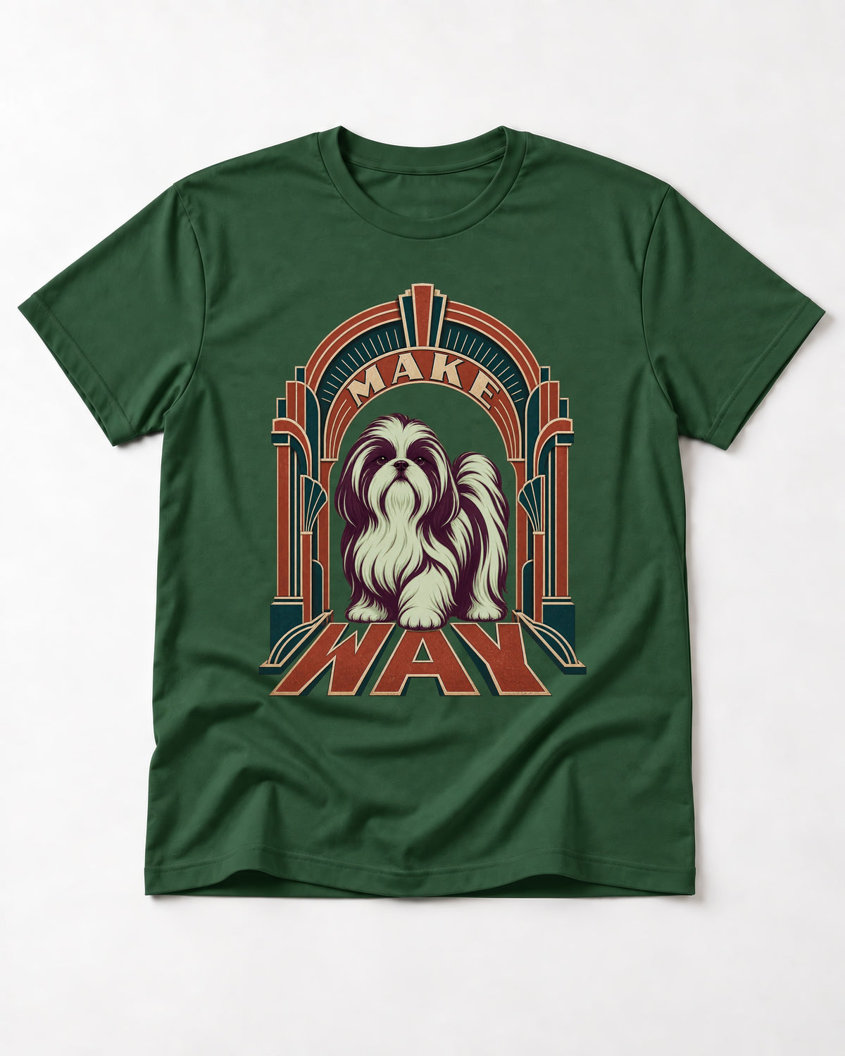 Shih Tzu Make Way Art Deco Arch Portrait T-Shirt in Forest Green, flat lay product photo