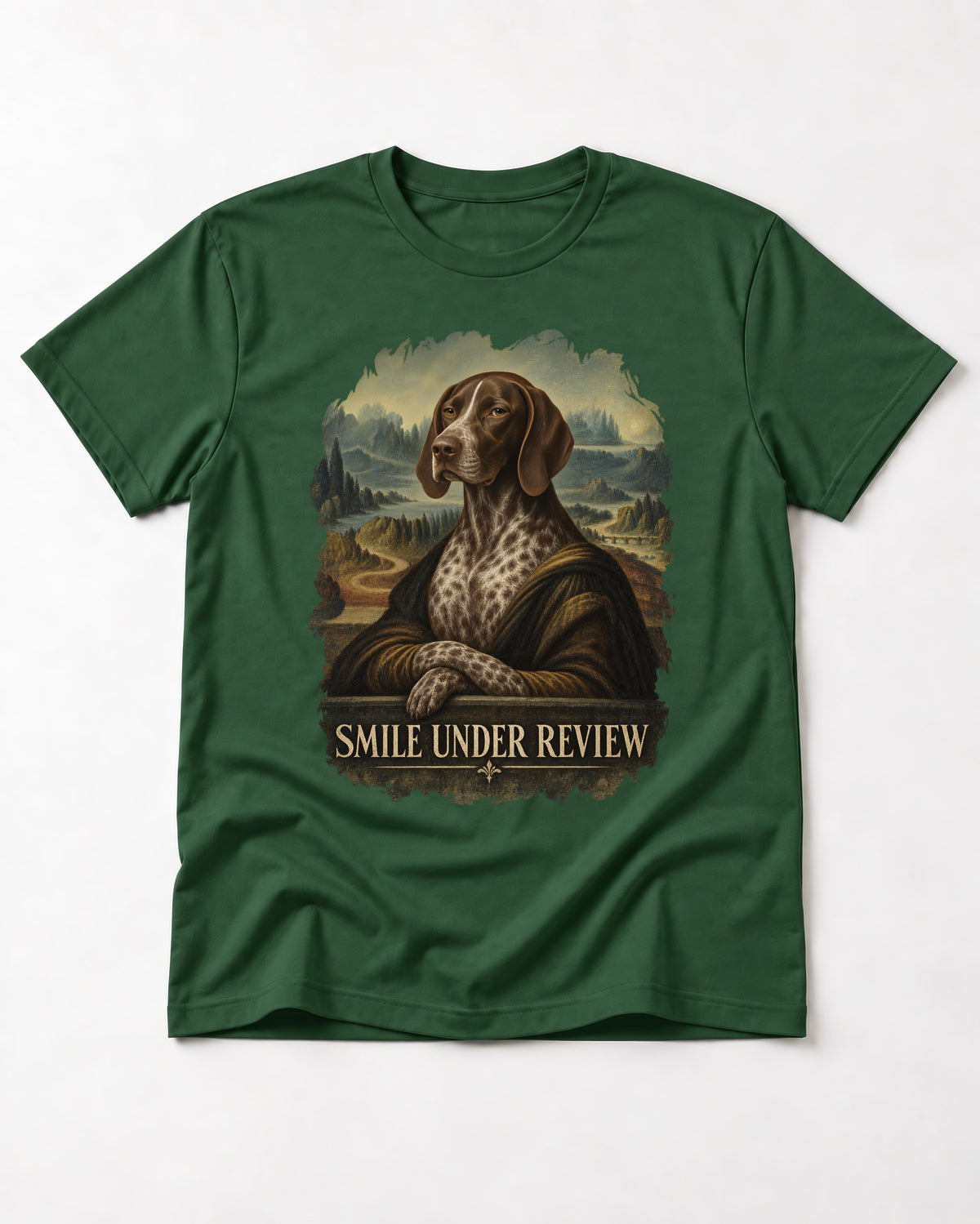 German Shorthaired Pointer Smile Under Review Renaissance Portrait Graphic T-Shirt in Forest Green, flat lay product photo