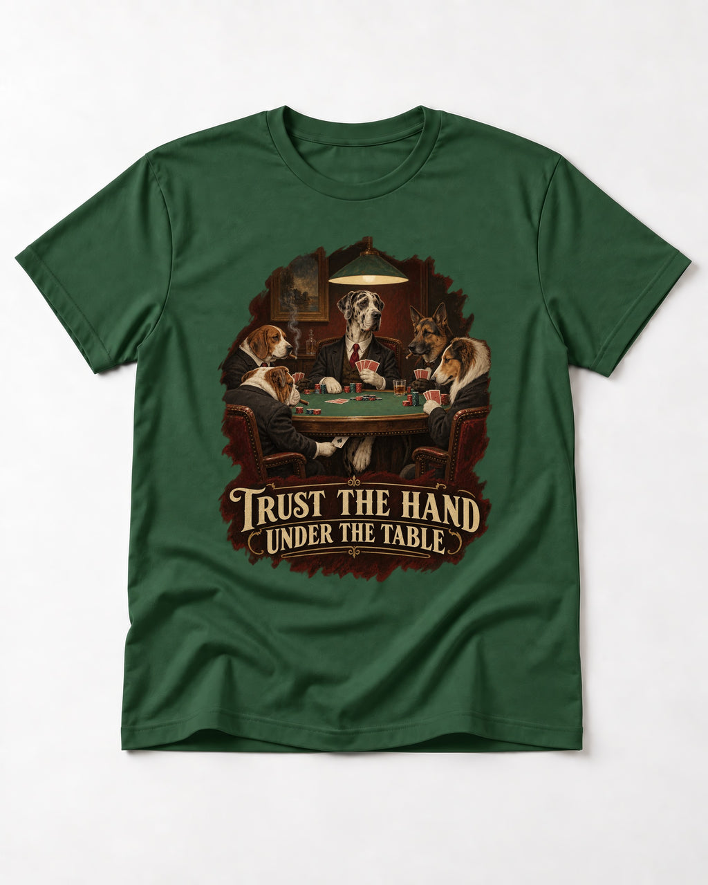Great Dane Trust the Hand Under the Table Poker Graphic T-Shirt in Forest Green, flat lay product photo