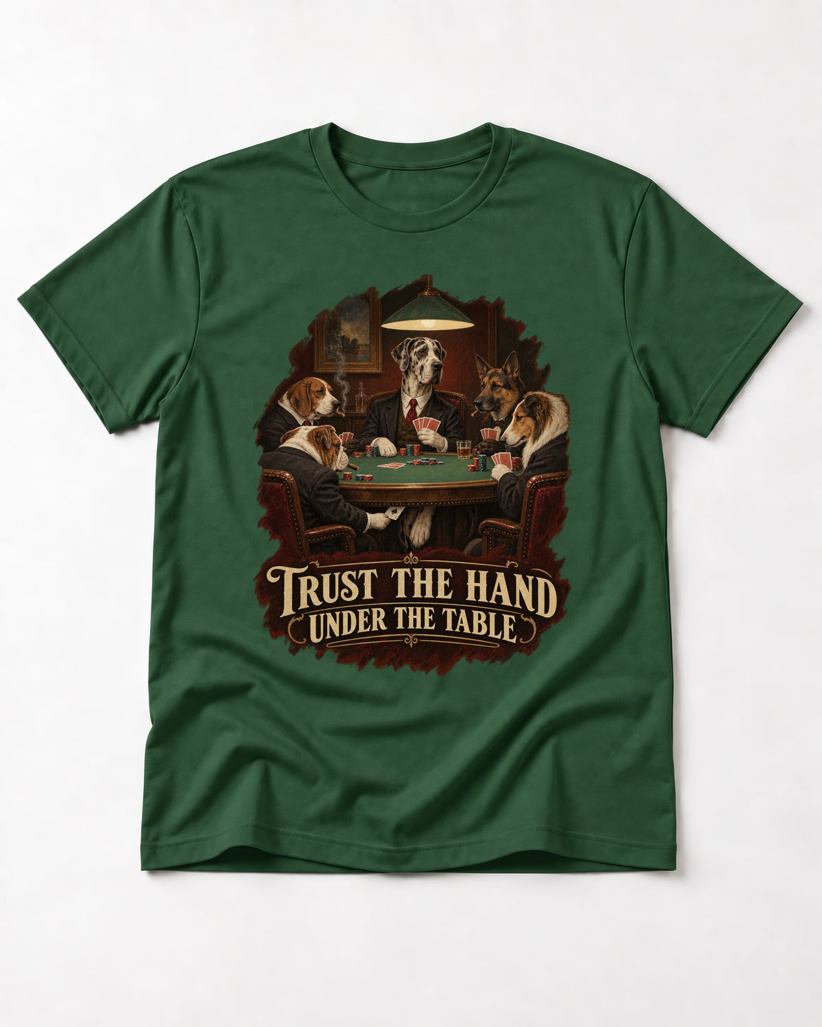 Great Dane Trust the Hand Under the Table Poker Graphic T-Shirt in Forest Green, flat lay product photo