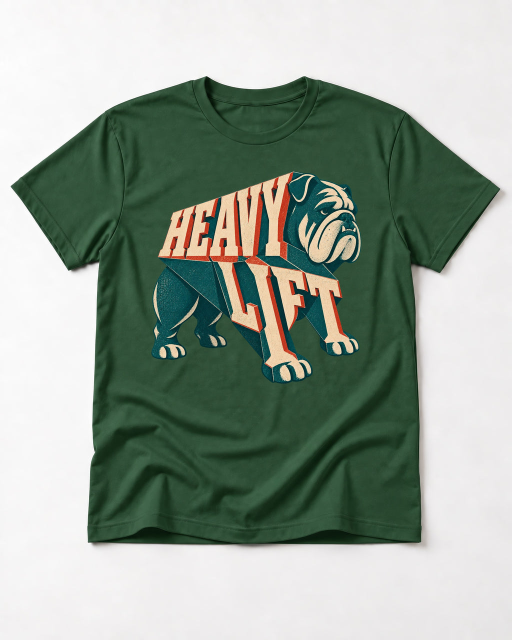 English Bulldog Heavy Lift Dimensional Type T-Shirt in Forest Green, flat lay product photo