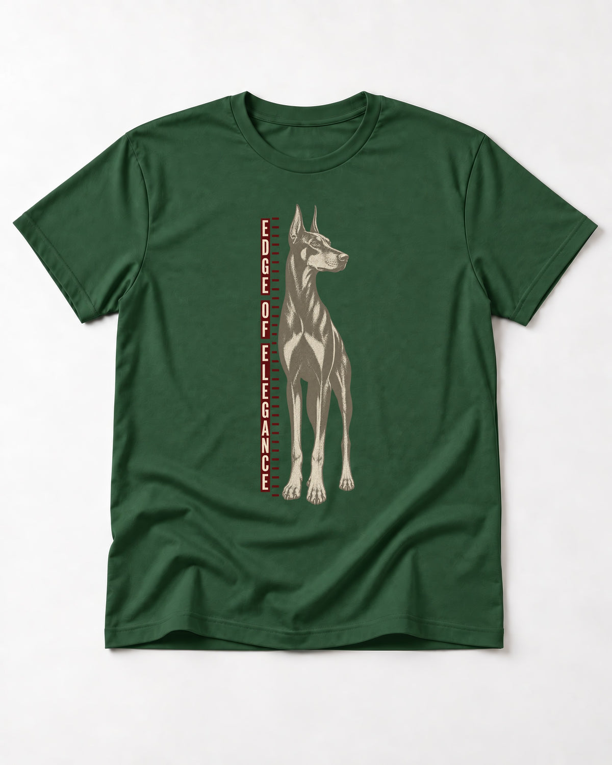 Doberman Edge of Elegance Height Chart Graphic T-Shirt in Forest Green, flat lay product photo