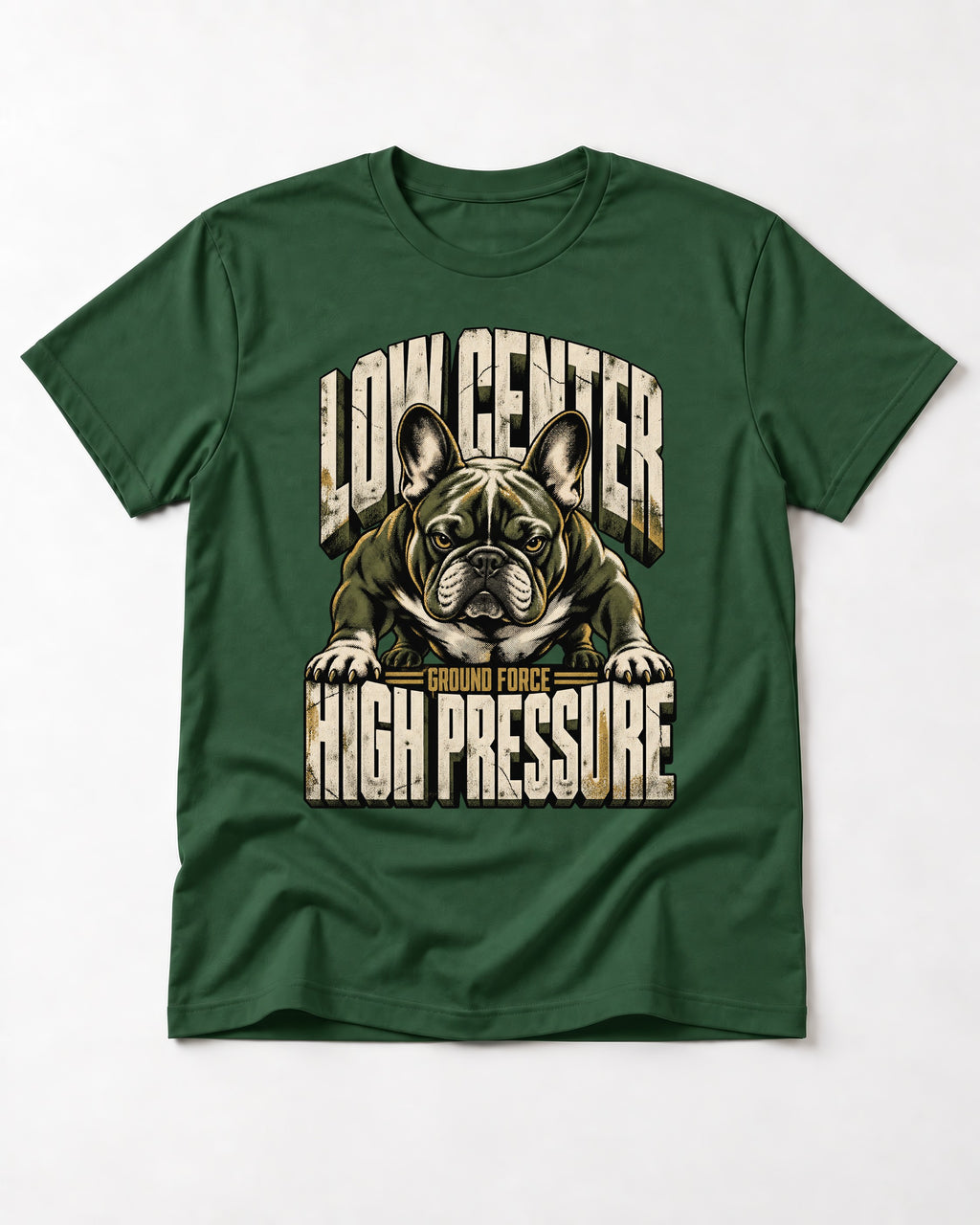 Frenchie Low Center High Pressure Graphic T-Shirt in Forest Green, flat lay product photo