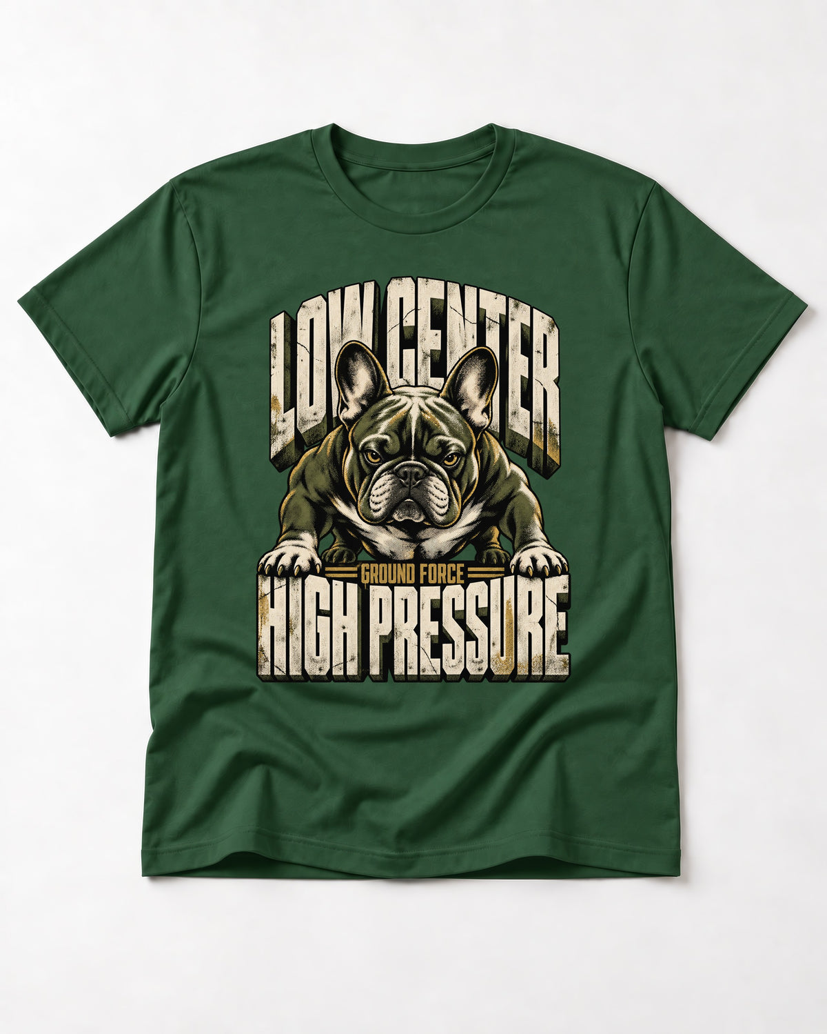 Frenchie Low Center High Pressure Graphic T-Shirt in Forest Green, flat lay product photo