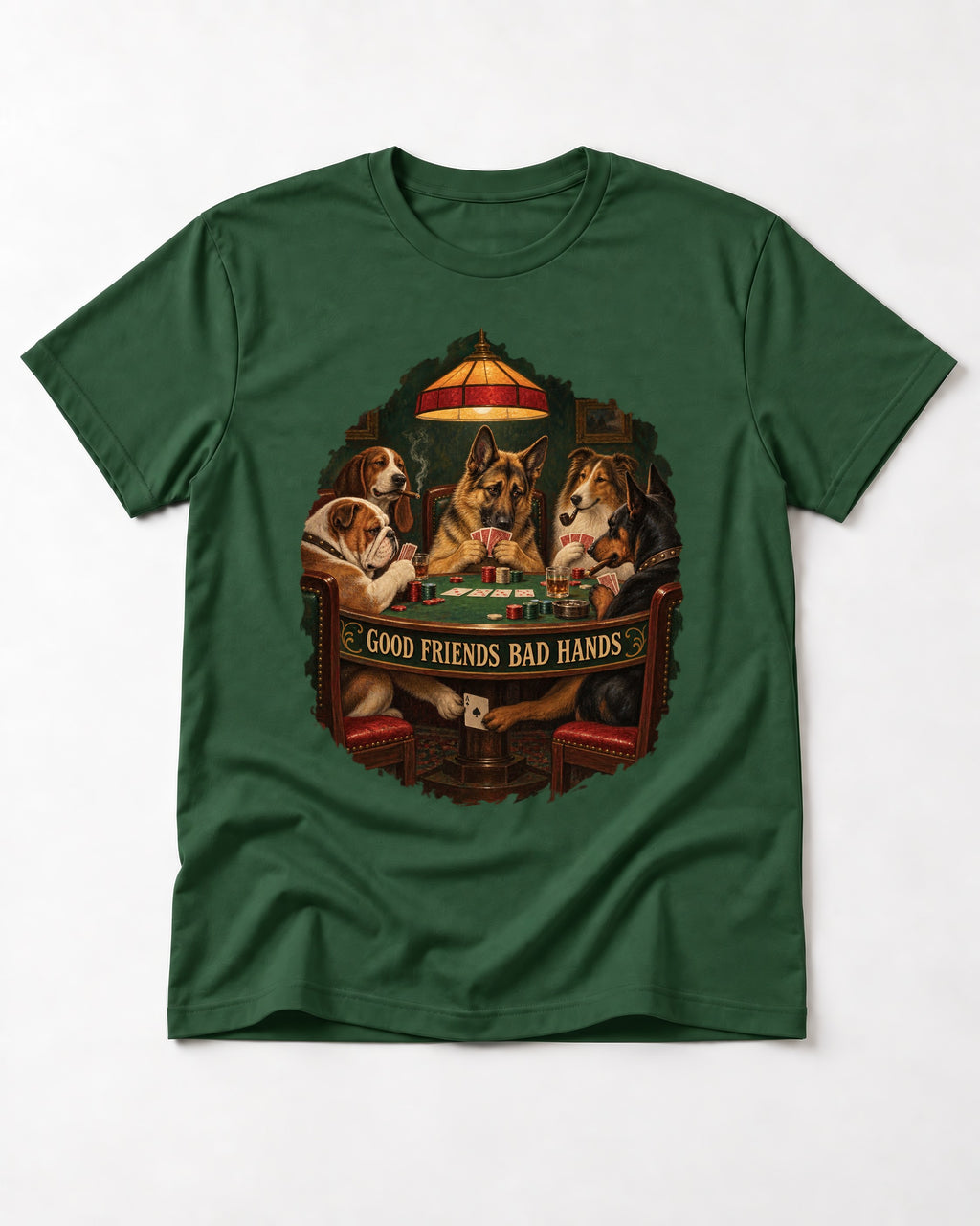 German Shepherd Dog Good Friends Bad Hands Poker Graphic T-Shirt in Forest Green, flat lay product photo