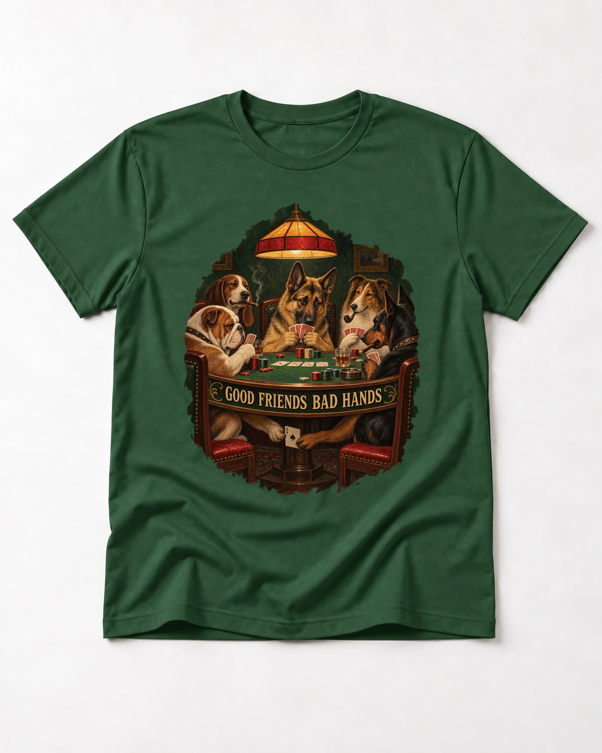 German Shepherd Dog Good Friends Bad Hands Poker Graphic T-Shirt in Forest Green, flat lay product photo