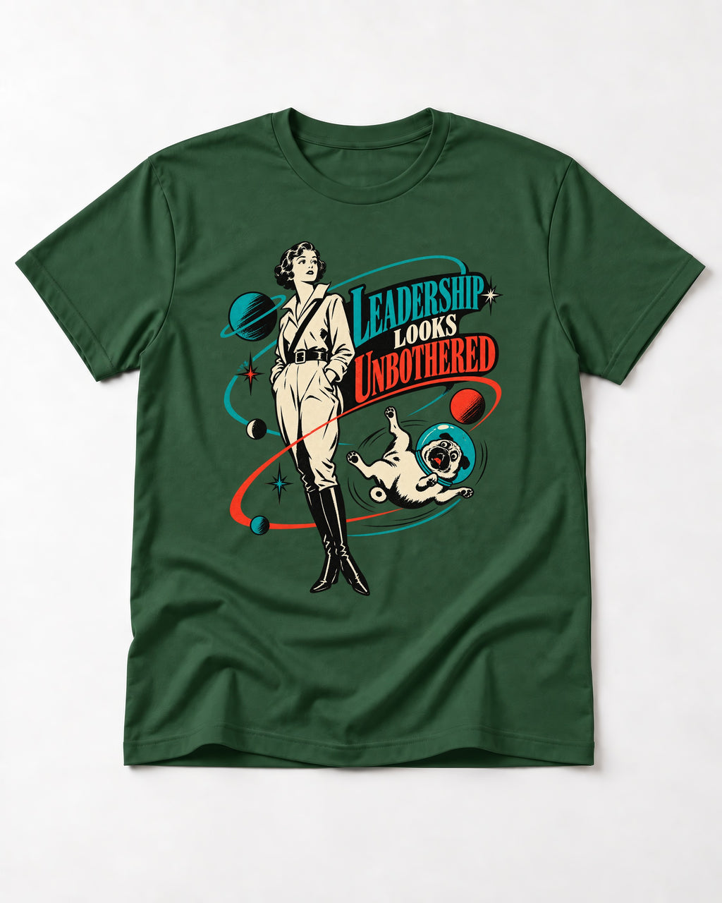 Pug Leadership Looks Unbothered Space Graphic T-Shirt in Forest Green, flat lay product photo