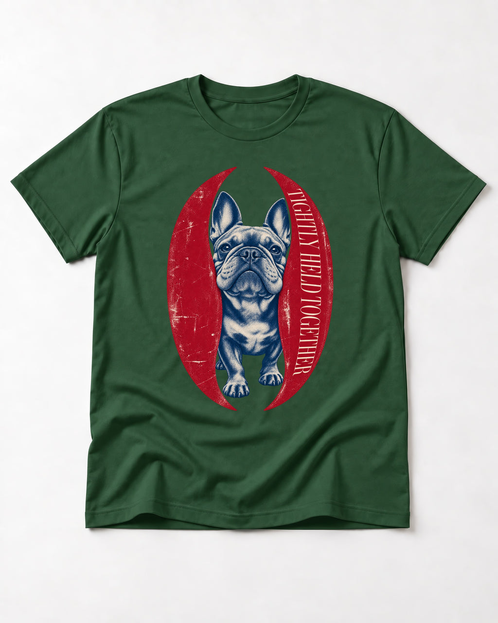 Frenchie Tightly Held Together Red Oval Graphic T-Shirt in Forest Green, flat lay product photo