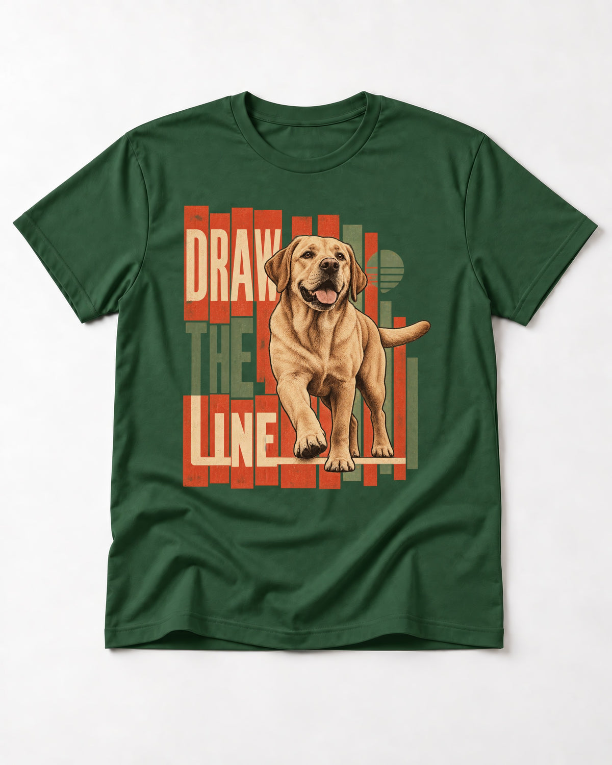 Labrador Retriever Draw the Line Stepping Graphic T-Shirt in Forest Green, flat lay product photo