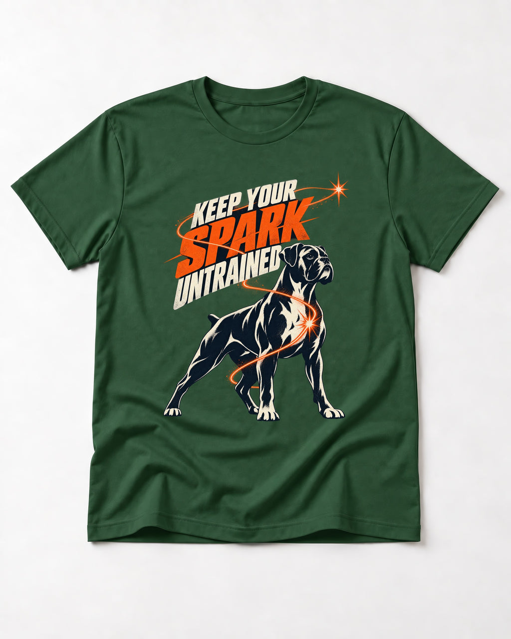 Boxer Keep Your Spark Untrained T-Shirt in Forest Green, flat lay product photo