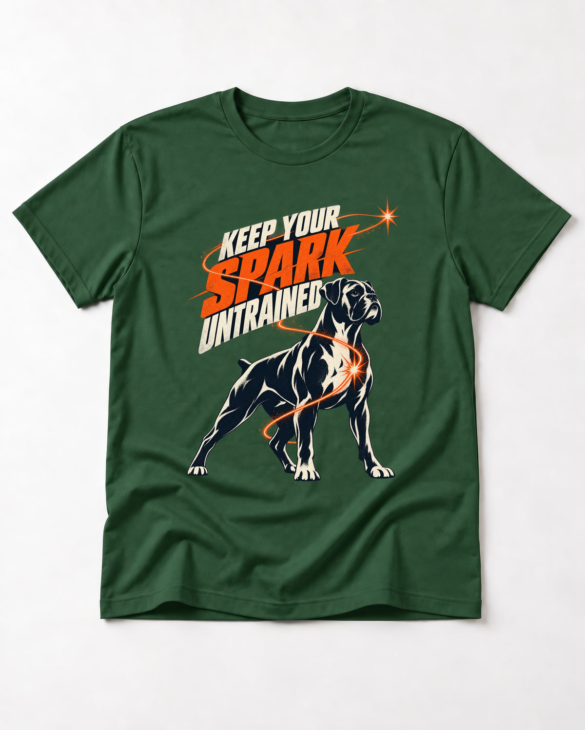 Boxer Keep Your Spark Untrained T-Shirt in Forest Green, flat lay product photo