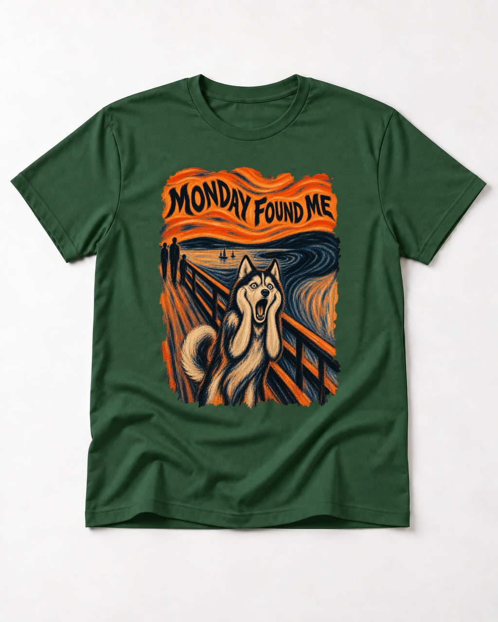 Husky Monday Found Me Scream Parody Graphic T-Shirt in Forest Green, flat lay product photo