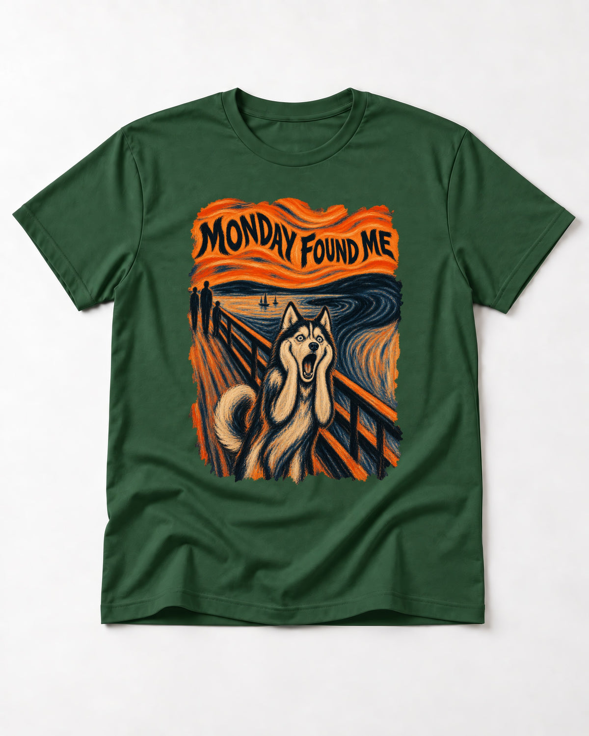 Husky Monday Found Me Scream Parody Graphic T-Shirt in Forest Green, flat lay product photo