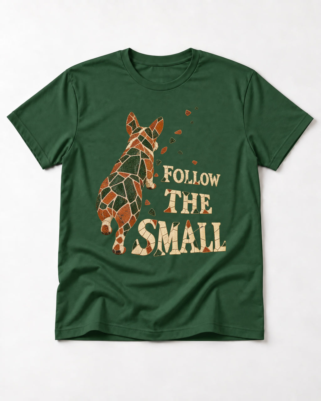 Corgi Follow the Small Mosaic T-Shirt in Forest Green, flat lay product photo