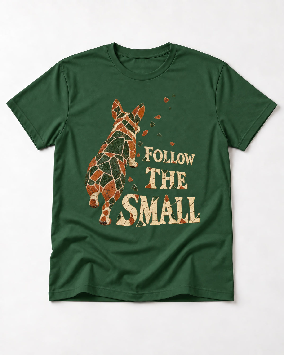 Corgi Follow the Small Mosaic T-Shirt in Forest Green, flat lay product photo