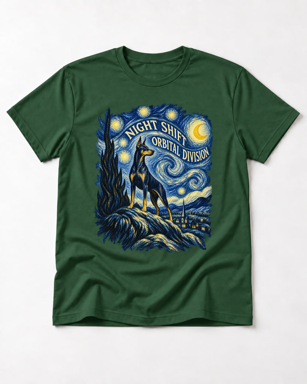 Doberman Night Shift Orbital Division Starry Night Graphic T-Shirt in Forest Green, flat lay product photo
