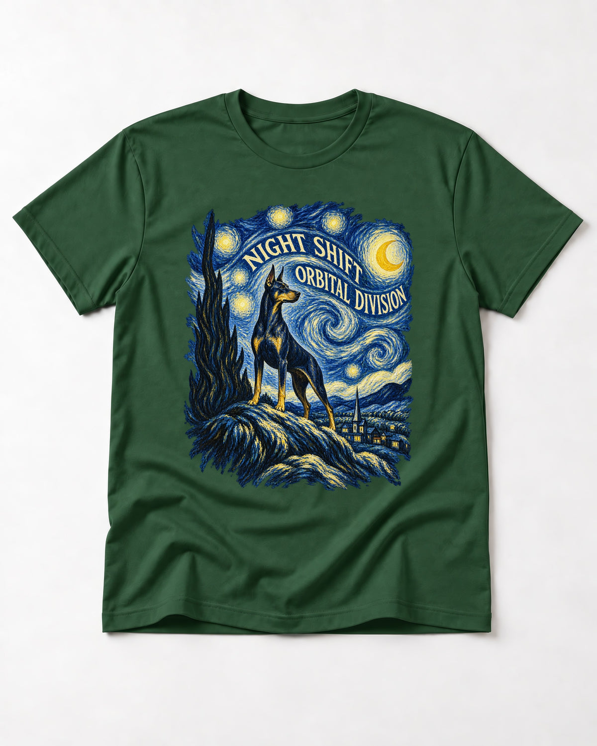 Doberman Night Shift Orbital Division Starry Night Graphic T-Shirt in Forest Green, flat lay product photo