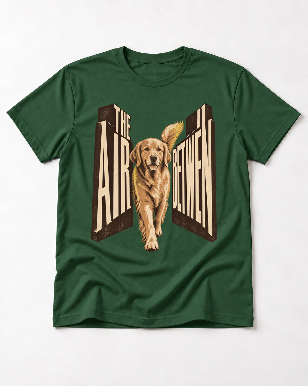 The Air Between Dimensional Golden Retriever Graphic T-Shirt in Forest Green, flat lay product photo