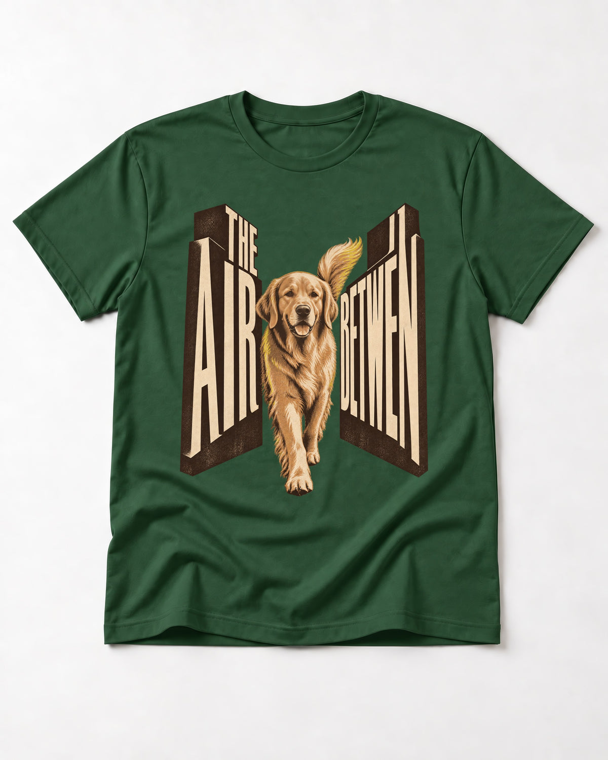 The Air Between Dimensional Golden Retriever Graphic T-Shirt in Forest Green, flat lay product photo