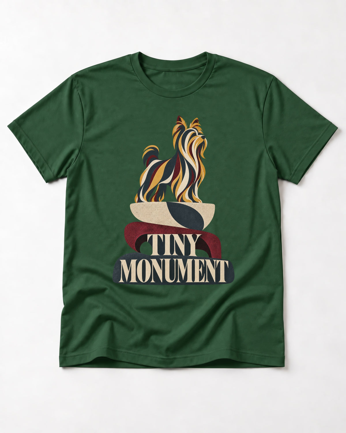 Yorkshire Terrier Tiny Monument Sculptural Plinth Graphic T-Shirt in Forest Green, flat lay product photo
