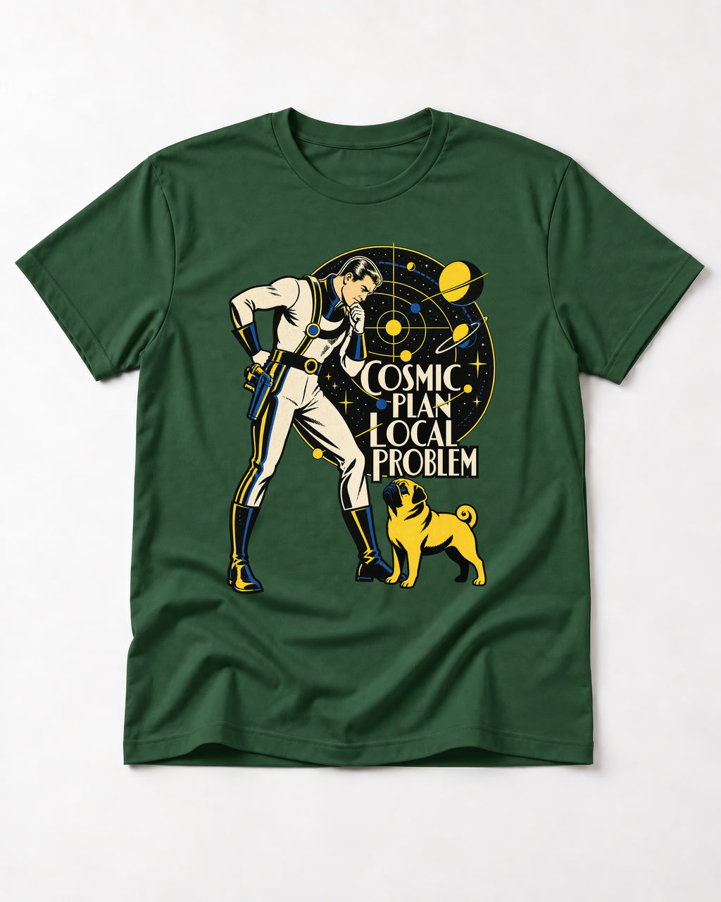 Pug Cosmic Plan Local Problem Astronaut Graphic T-Shirt in Forest Green, flat lay product photo