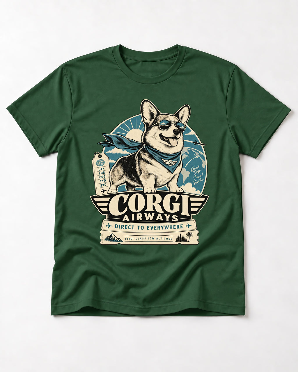 Corgi Airways Direct to Everywhere Badge T-Shirt in Forest Green, flat lay product photo