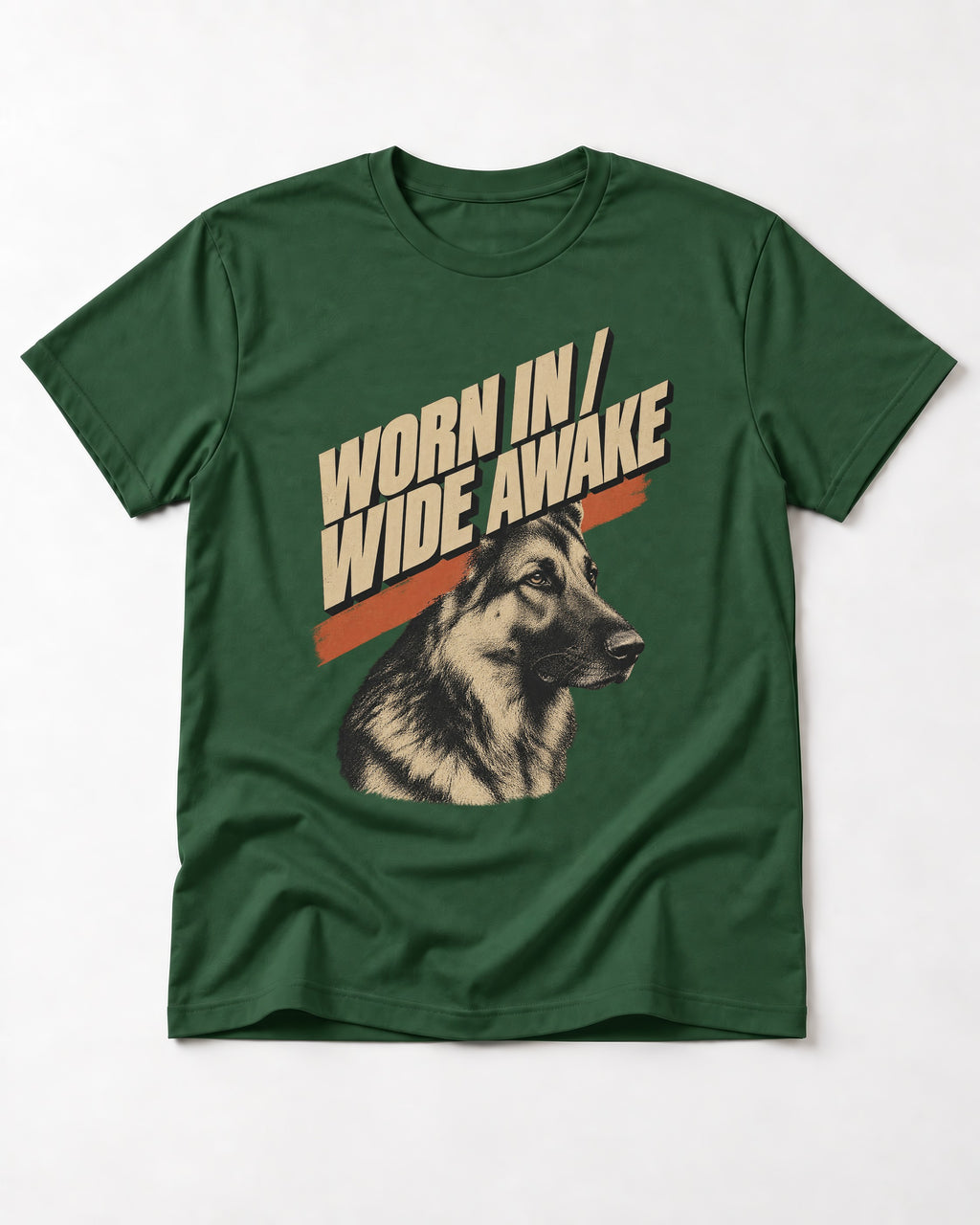 Worn In Wide Awake Portrait German Shepherd Dog Graphic T-Shirt in Forest Green, flat lay product photo