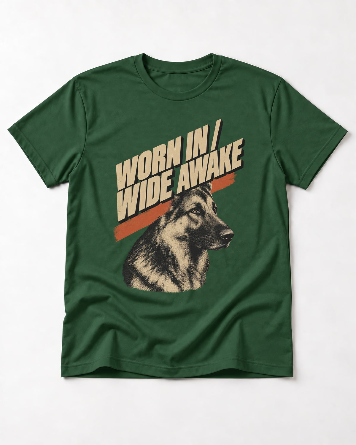 Worn In Wide Awake Portrait German Shepherd Dog Graphic T-Shirt in Forest Green, flat lay product photo