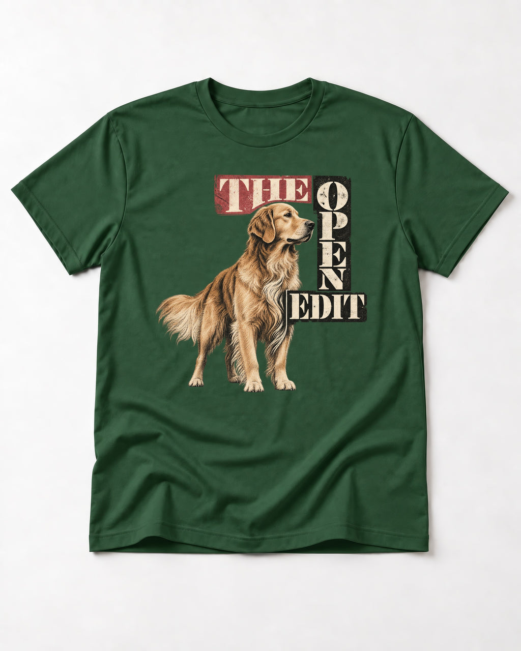 Golden Retriever The Open Edit Typography Portrait Graphic T-Shirt in Forest Green, flat lay product photo