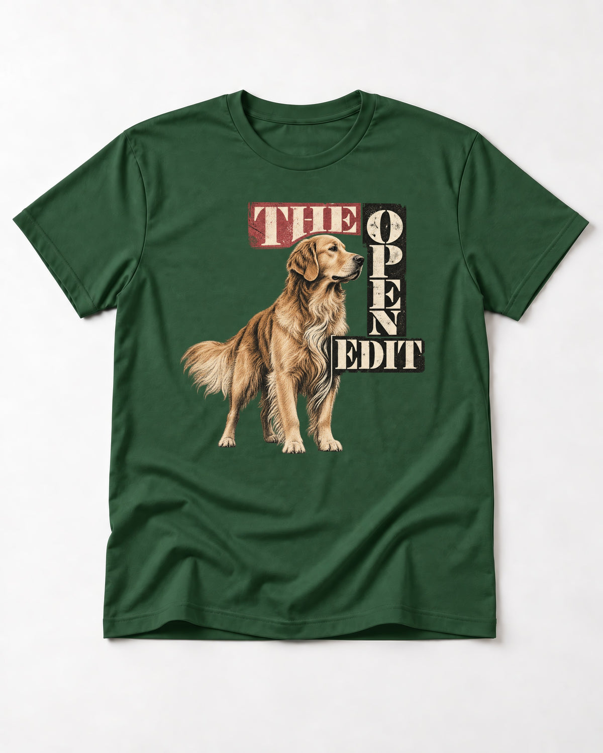 Golden Retriever The Open Edit Typography Portrait Graphic T-Shirt in Forest Green, flat lay product photo