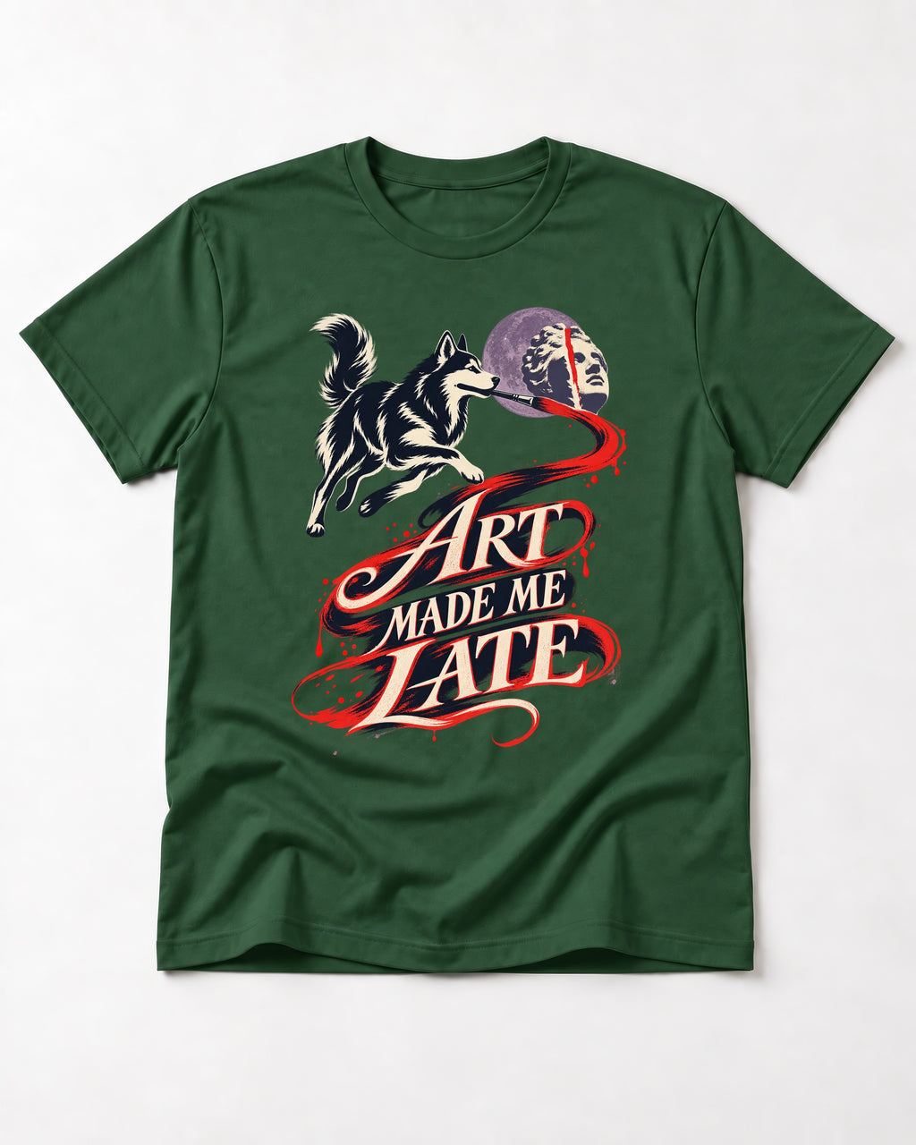 Husky Art Made Me Late Paintbrush Graphic T-Shirt in Forest Green, flat lay product photo