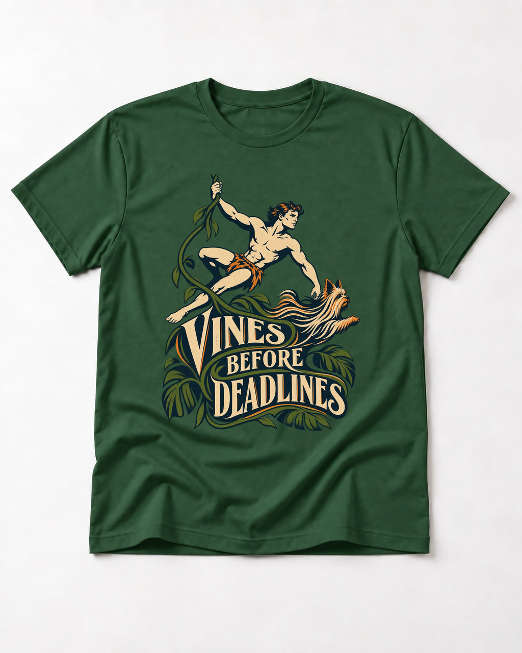 Yorkshire Terrier Vines Before Deadlines Jungle Hero Graphic T-Shirt in Forest Green, flat lay product photo