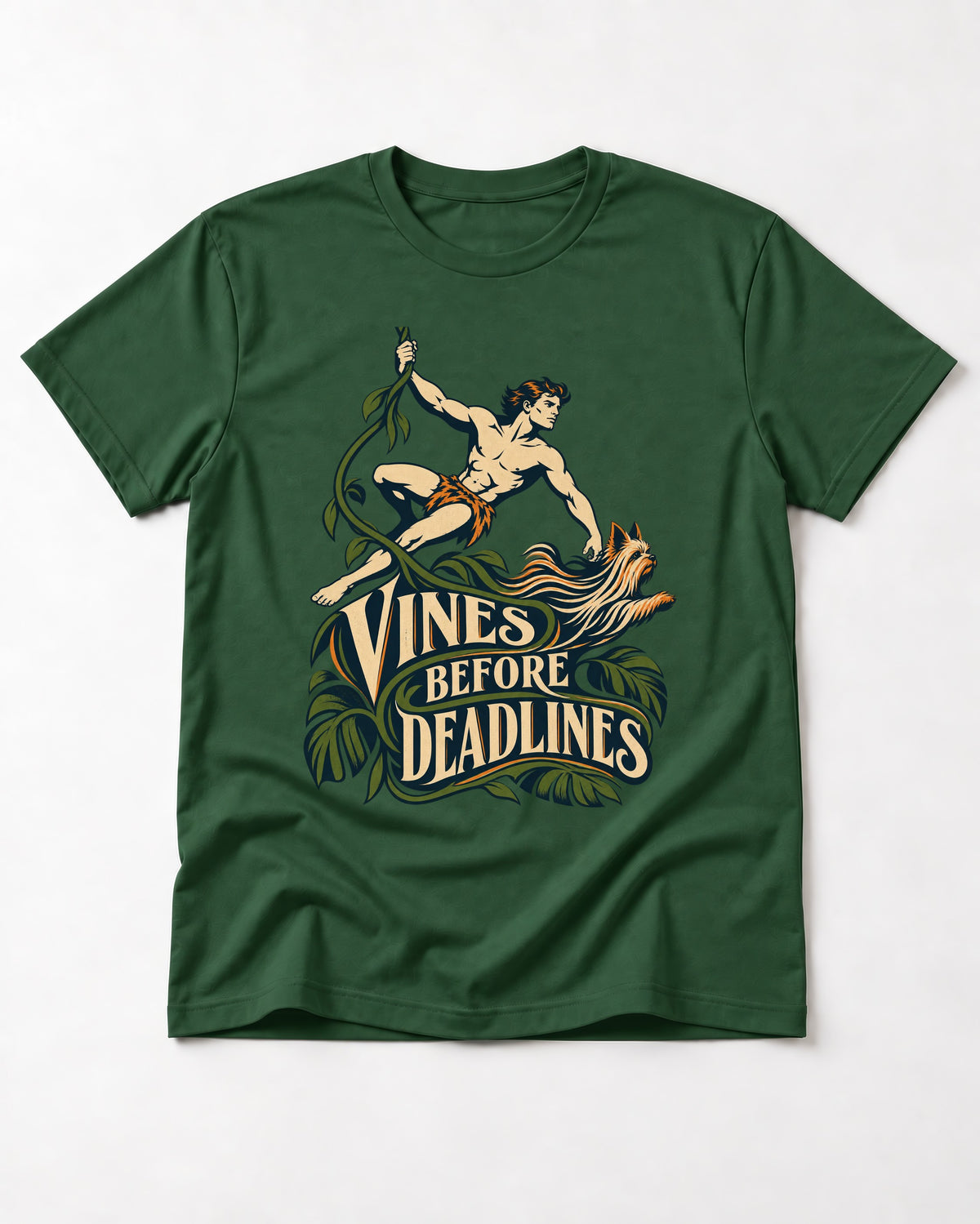 Yorkshire Terrier Vines Before Deadlines Jungle Hero Graphic T-Shirt in Forest Green, flat lay product photo