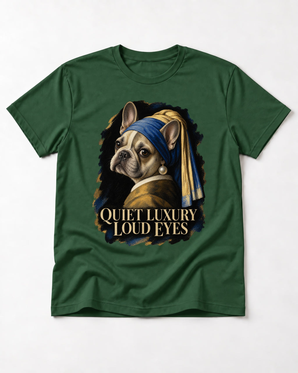 Frenchie Quiet Luxury Loud Eyes Pearl Portrait Graphic T-Shirt in Forest Green, flat lay product photo