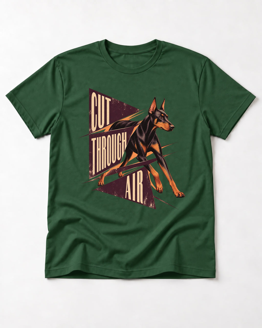 Doberman Cut Through Air Graphic T-Shirt in Forest Green, flat lay product photo