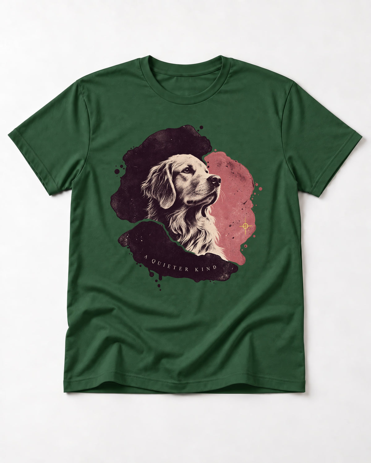 Golden Retriever A Quieter Kind Ink Wash Portrait Graphic T-Shirt in Forest Green, flat lay product photo