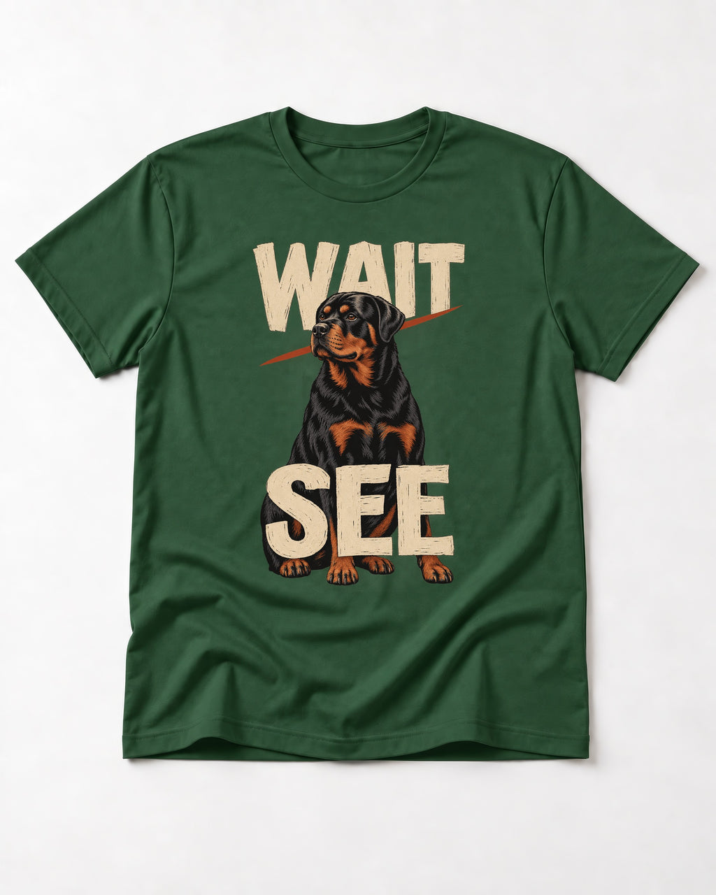 Wait See Rottweiler Seated Slash Graphic T-Shirt in Forest Green, flat lay product photo