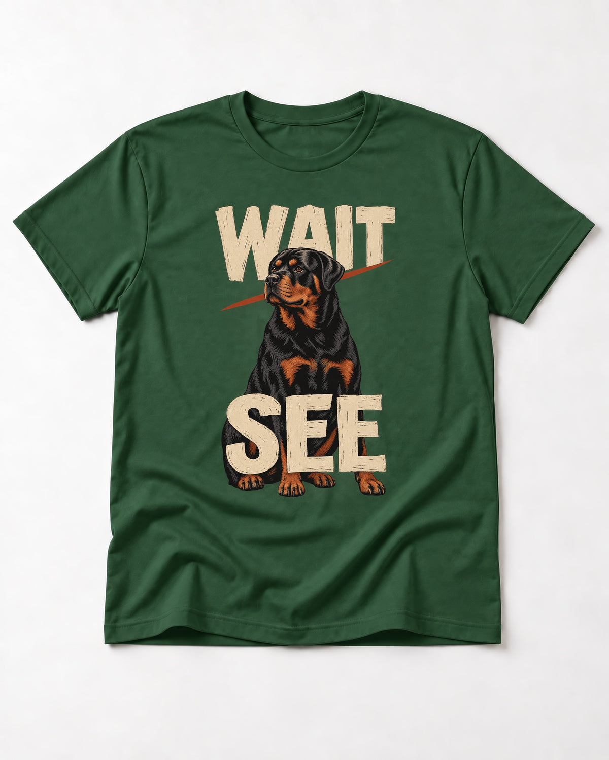 Wait See Rottweiler Seated Slash Graphic T-Shirt in Forest Green, flat lay product photo