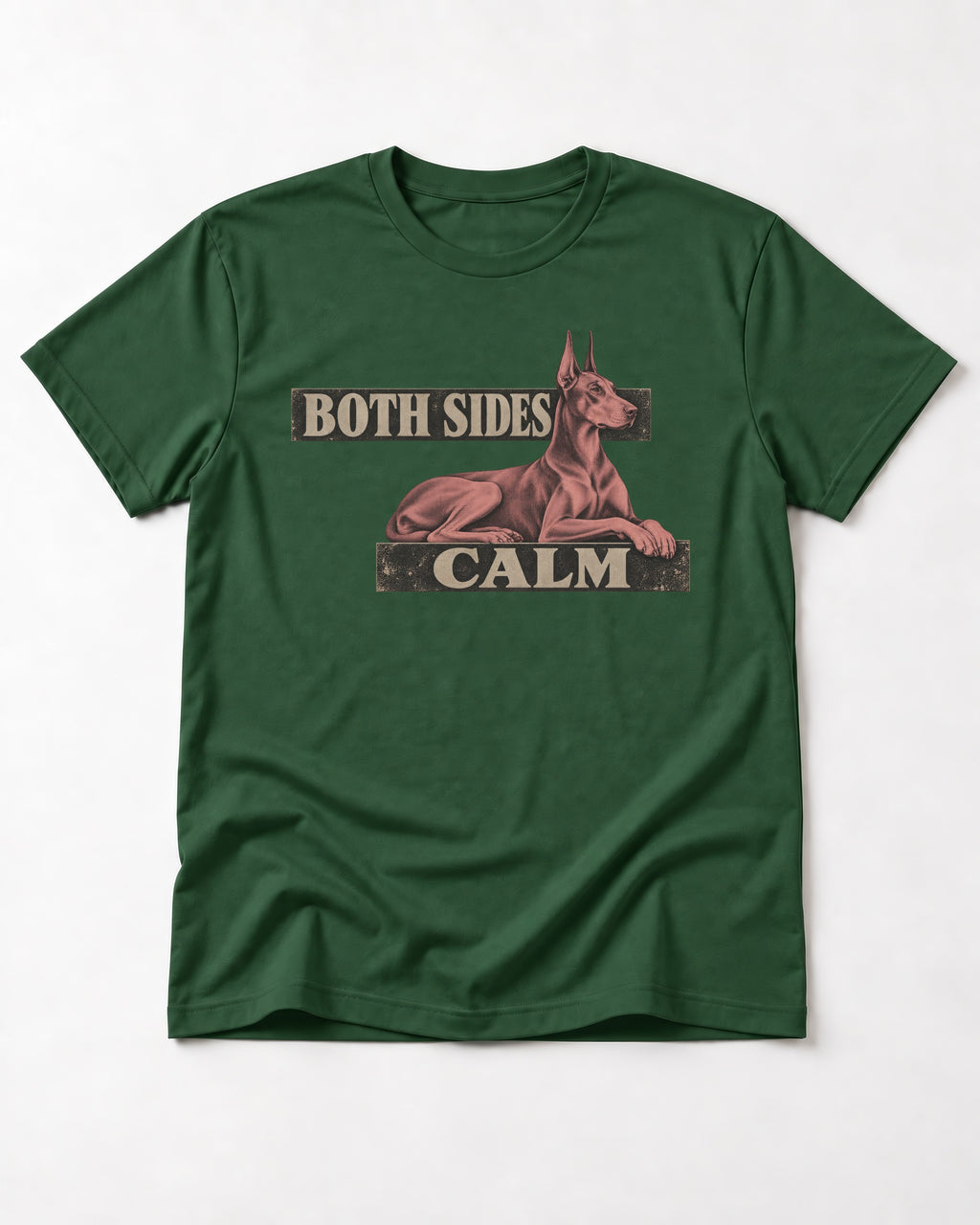 Doberman Both Sides Calm Banner T-Shirt in Forest Green, flat lay product photo