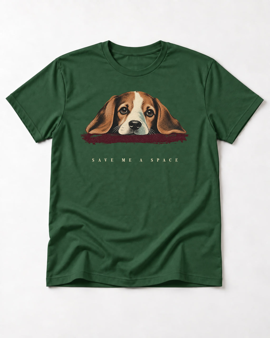 Save Me A Space Beagle T-Shirt in Forest Green, flat lay product photo