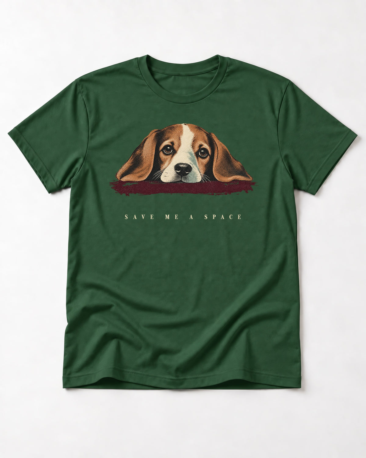 Save Me A Space Beagle T-Shirt in Forest Green, flat lay product photo