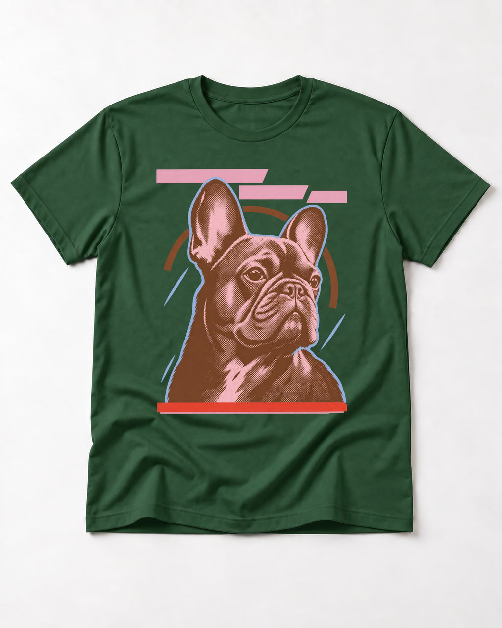 Frenchie Geometric Portrait Graphic T-Shirt in Forest Green, flat lay product photo