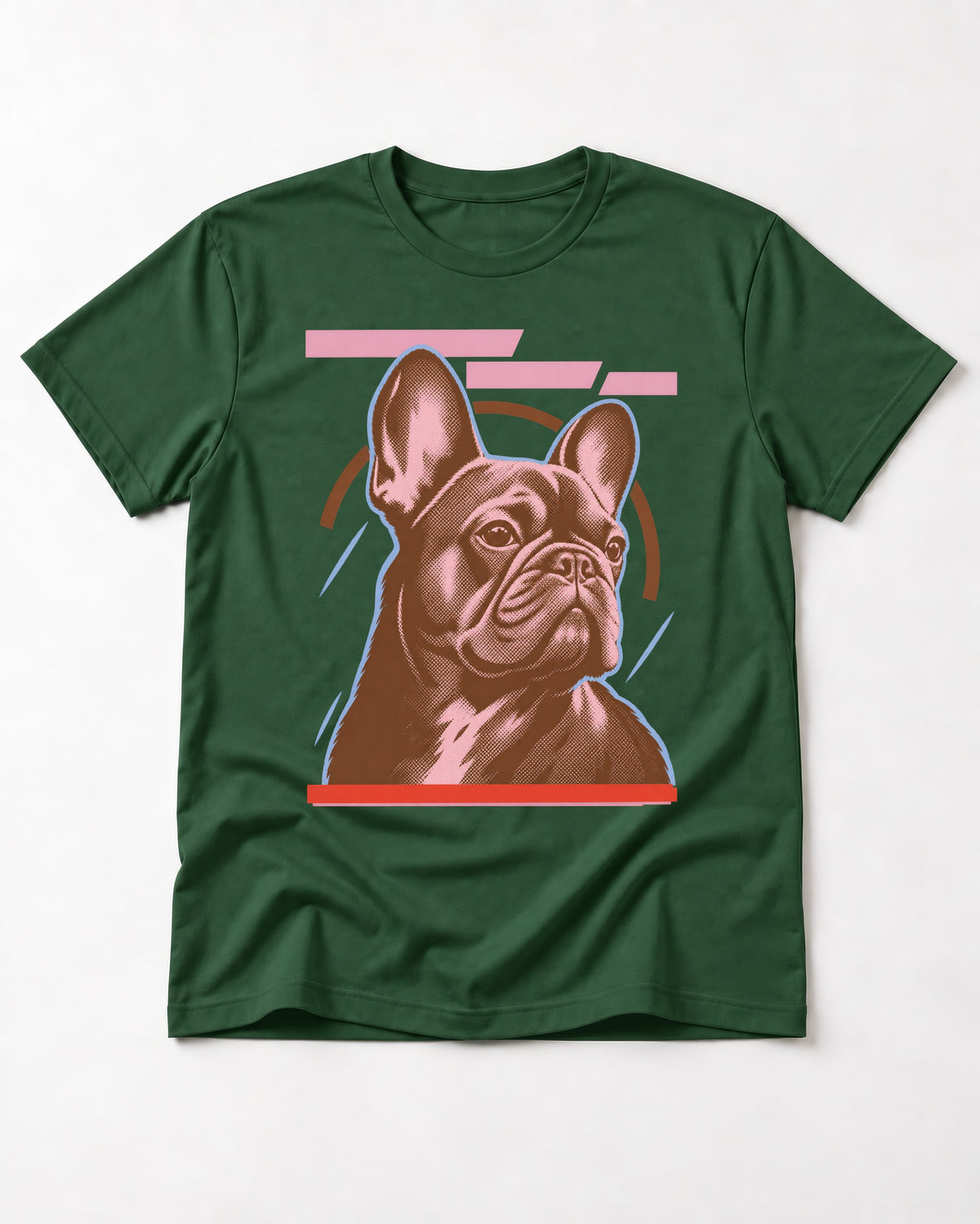 Frenchie Geometric Portrait Graphic T-Shirt in Forest Green, flat lay product photo