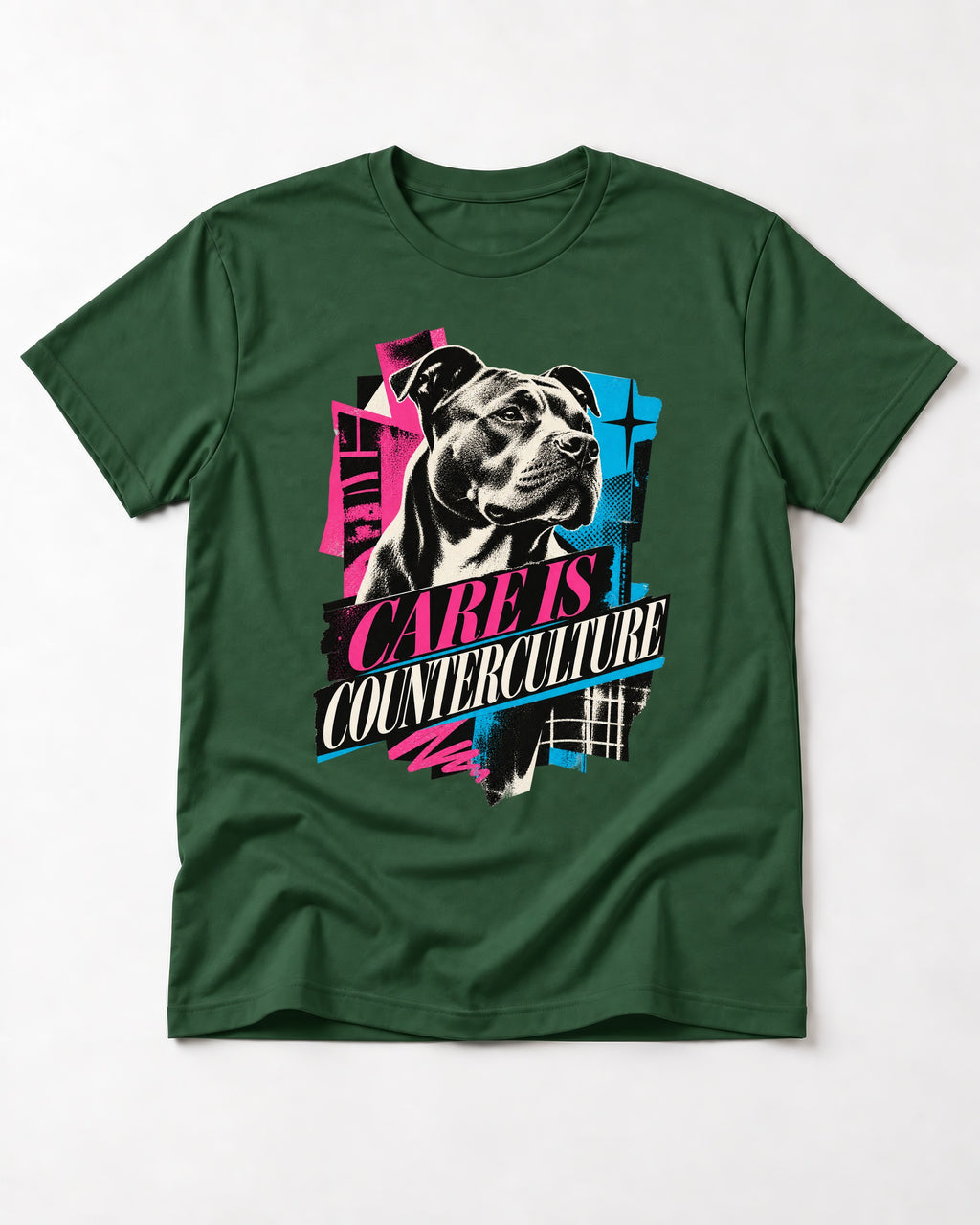 Pitbull Care Is Counterculture Neon Collage Portrait Graphic T-Shirt in Forest Green, flat lay product photo