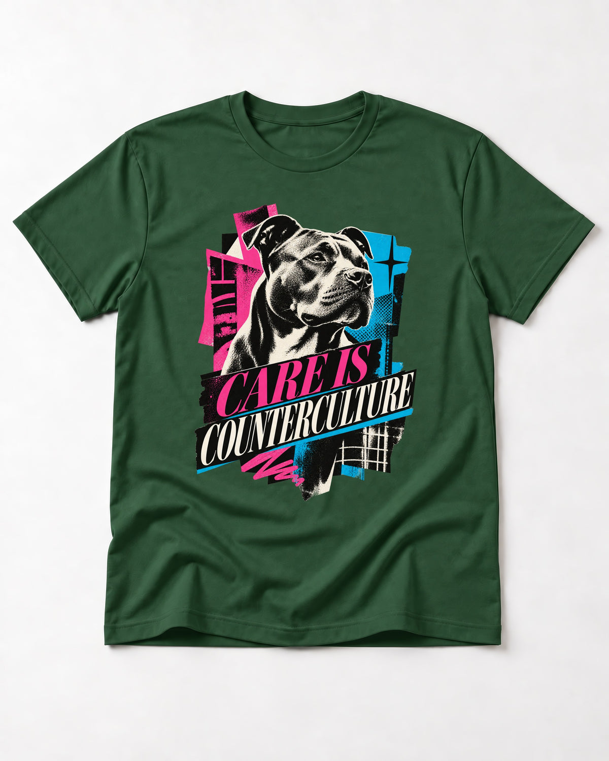 Pitbull Care Is Counterculture Neon Collage Portrait Graphic T-Shirt in Forest Green, flat lay product photo